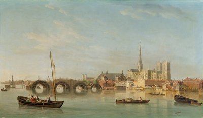 La costruzione del ponte di Westminster con una vista immaginaria dell